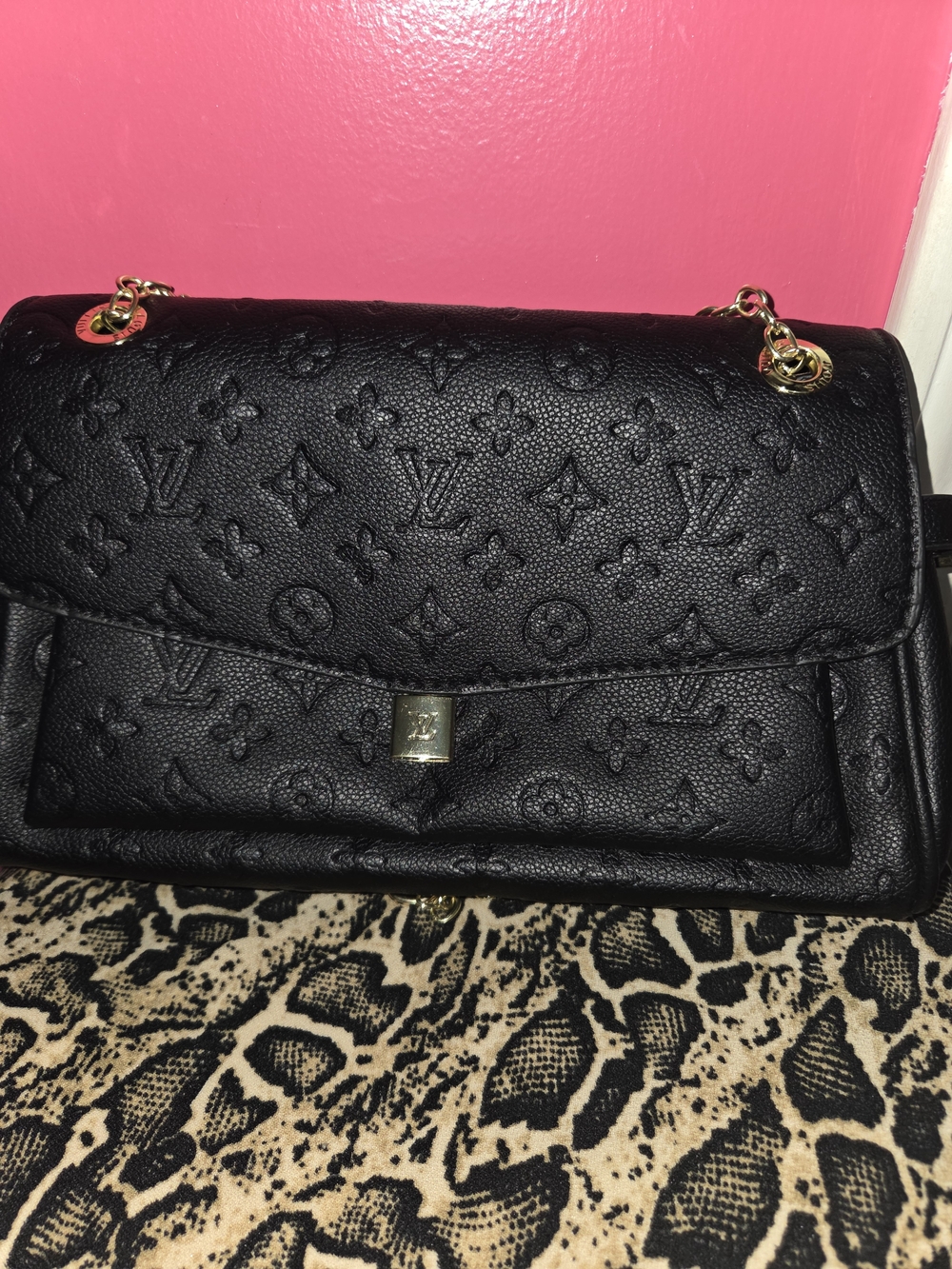 New Black Embossed Monogram Chain Shoulder Bag